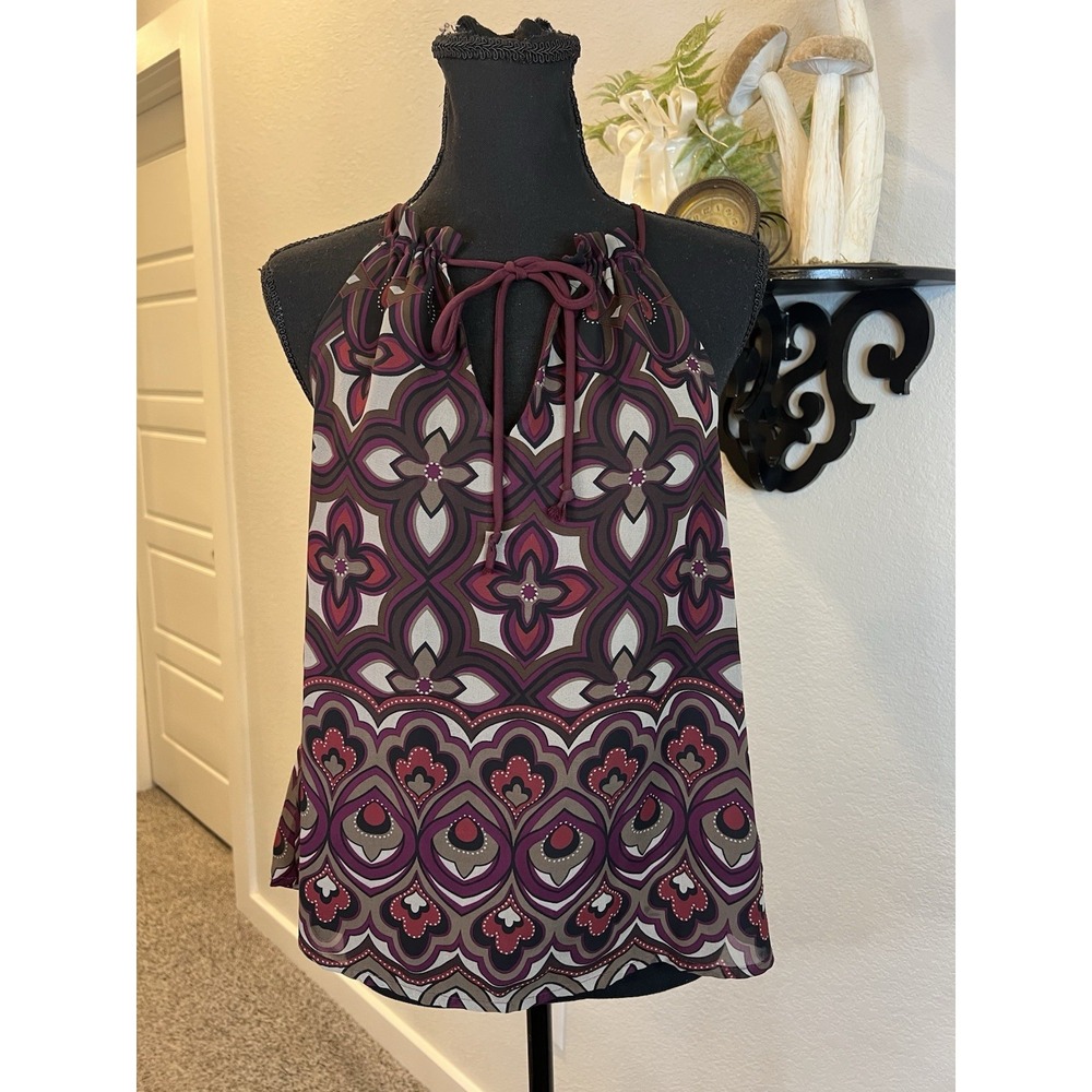 Lucylove Maroon Tan Geometric Print Y2k Style Ruched Strap Sleevless Blouse Sz M